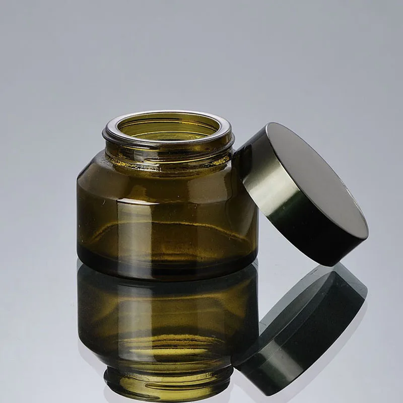 여행용 유리 앰버 페이셜 크림 항아리 빈 화장품 샘플 용기, 에멀젼 리필 가능 냄비, 블랙 뚜껑, 로트 당 10 개, 15g, 30g, 50g
