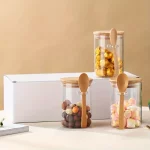 280ml 사탕 항아리, 비스킷 항아리, 밀봉된 대나무 뚜껑과 숟가락이 있는 유리 저장 용기 - 10온스 투명 유리 대량 식품 저장 용기