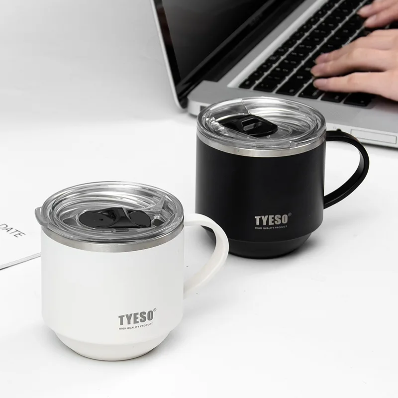 330ML 스테인레스 스틸 워터 머그잔 휴대용 홈 오피스 워터 머그잔 손잡이와 투명 뚜껑이있는 내구성 커피 머그잔 음주 용품