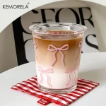 KEMORELA 1/2 팩 보우 유리 컵 핑크 보우 아이스 커피 컵 320ML 컵 귀여운 마시는 컵 숙녀 자매 모임에 적합 - 이미지 5