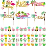 하와이 컵케익 토퍼 플라밍고 파인애플 생일 축하 케이크 토퍼 열대 여름 해변 생일 파티 케이크 장식