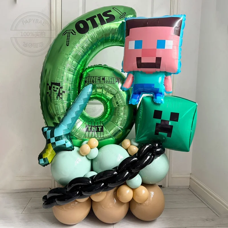 34pcs 픽셀 게임 테마 광장 풍선 녹색 번호 생일 풍선 세트 만화 캐릭터 파티 장식 어린이 깜짝