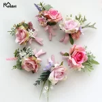 Meldel Corsage 웨딩 플라워 신랑 Boutonniere 신부 손목 코사지 팔찌, 핑크 장미 꽃 웨딩 플래너, 결혼 용품 - 이미지 6