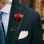 YO CHO 신랑 Boutonniere 코사지 핀 웨딩 실크 꽃 Groomsman Boutonnieres Buttonhole 웨딩 꽃 결혼 액세서리