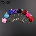 YO CHO 신랑 Boutonniere 코사지 핀 웨딩 실크 꽃 Groomsman Boutonnieres Buttonhole 웨딩 꽃 결혼 액세서리 - 이미지 2