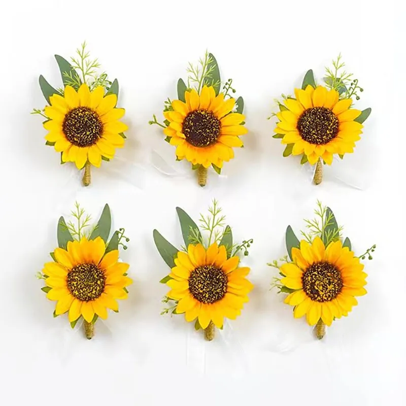 6PCS 해바라기 웨딩 손목 코사지와 Boutonniere 신부 들러리 남자 신랑 레드 로즈 웨딩 꽃 액세서리 세트