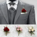 신랑 Boutonniere 남자 핀 수트, 신부 단추 구멍, 웨딩 손목 꽃, 파티 결혼 장식, 인공 실크 장미 꽃 - 이미지 5