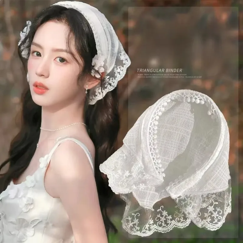 레트로 귀여운 삼각형 Turbans 헤어 밴드 여성 스트랩 Headscarf 레이스 프랑스어 목가적 인 스타일 로리타 머리띠 머리 장식 액세서리