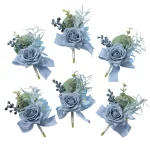 더스티 블루 로즈 Boutonniere 6 개 Groomsmen Groom Boutonnieres 웨딩 베스트 맨 코사지 가을 빈티지 소박한 결혼 꽃