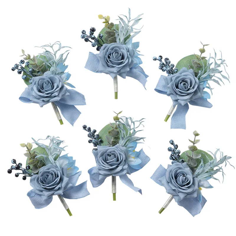 더스티 블루 로즈 Boutonniere 6 개 Groomsmen Groom Boutonnieres 웨딩 베스트 맨 코사지 가을 빈티지 소박한 결혼 꽃
