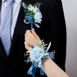 블루 로터스 로즈 코사지 및 Boutonniere 댄스 파티 인공 꽃 손목 코사지 팔찌 홈 커밍 코사지 팔찌 Boutonniere