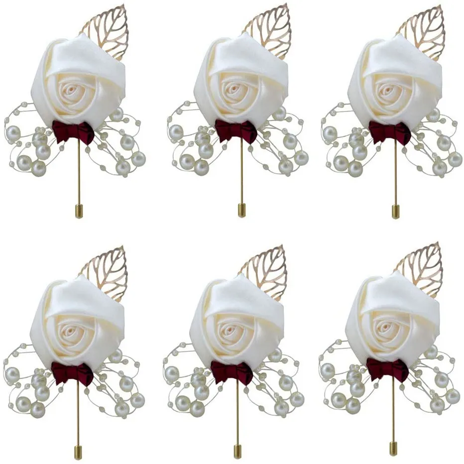 Boutonnieres 꽃 인공 장미 가짜 진주 아이보리 코사지 Buttonhole Groomsmen Boutonniere for Men 웨딩 액세서리