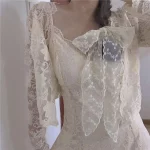 여성 좁은 긴 흰색 속이 빈 레이스 스카프 Hairbands 솔리드 ​​컬러 꽃 수 놓은 리본 목걸이 헤어 타이 여름 모자를 쓰고 있죠 - 이미지 4