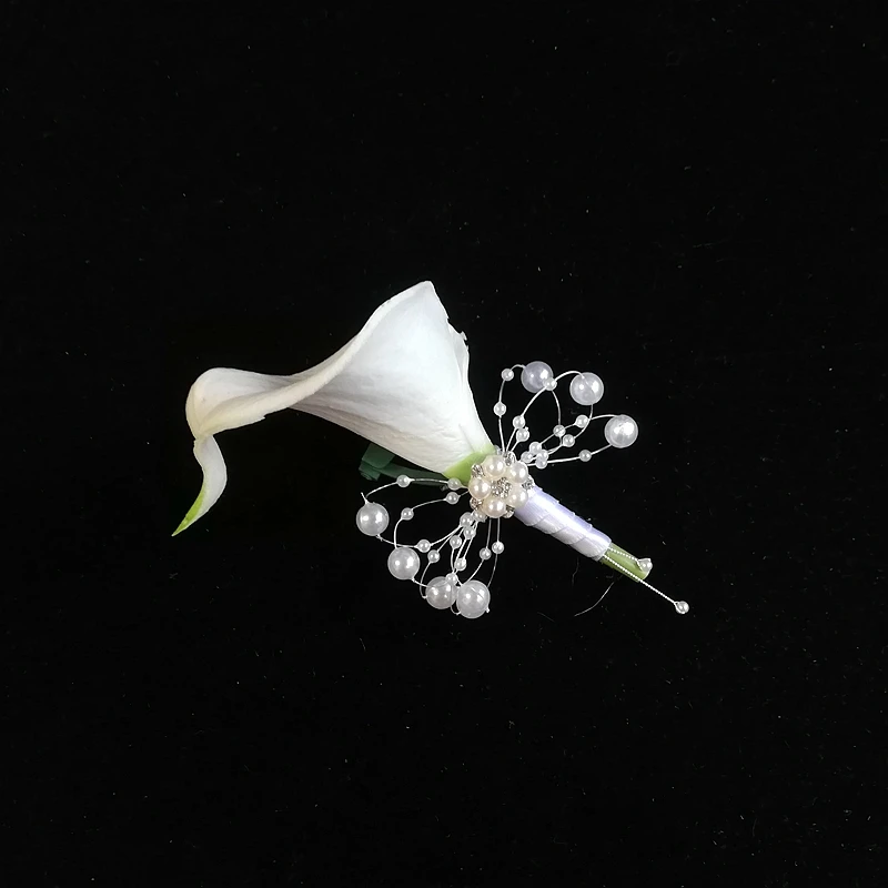 신랑용 화이트 칼라 릴리 코사지, 크리스탈 진주, Boutonniere 결혼, Alfileres boda invitadas