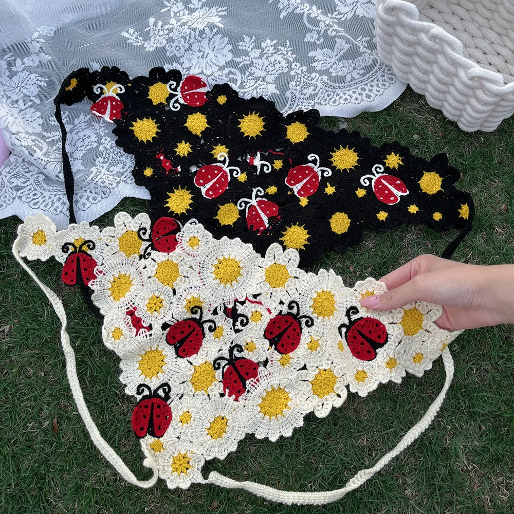 한국어 달콤한 귀여운 수제 크로 셰 뜨개질 중공 삼각형 머리띠 수건 여성 봄과 여름 니트 꽃 여행 사진 헤어 스카프