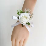 흰색 실크 장미 아기 호흡 Boutonniere 웨딩 액세서리 손목 코사지 팔찌 신부 들러리 인공 꽃 단추 구멍 - 이미지 2