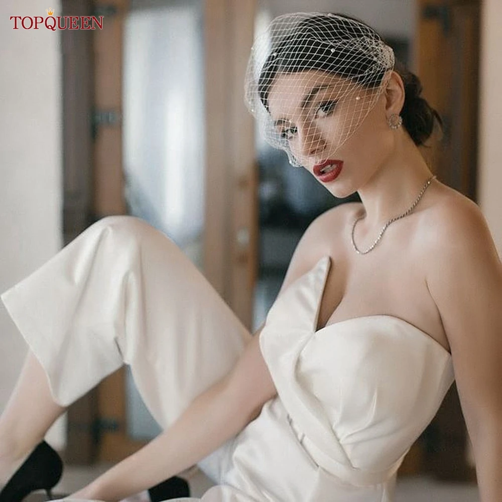 TOPQUEEN VA05 간단한 분리형 블러셔 베일, 처녀 파티 액세서리용 두 개의 빗에 진주가있는 새장 베일
