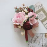 버건디 인공 장미 꽃, 신랑 웨딩 손목 코사지, 결혼 액세서리 - 이미지 5