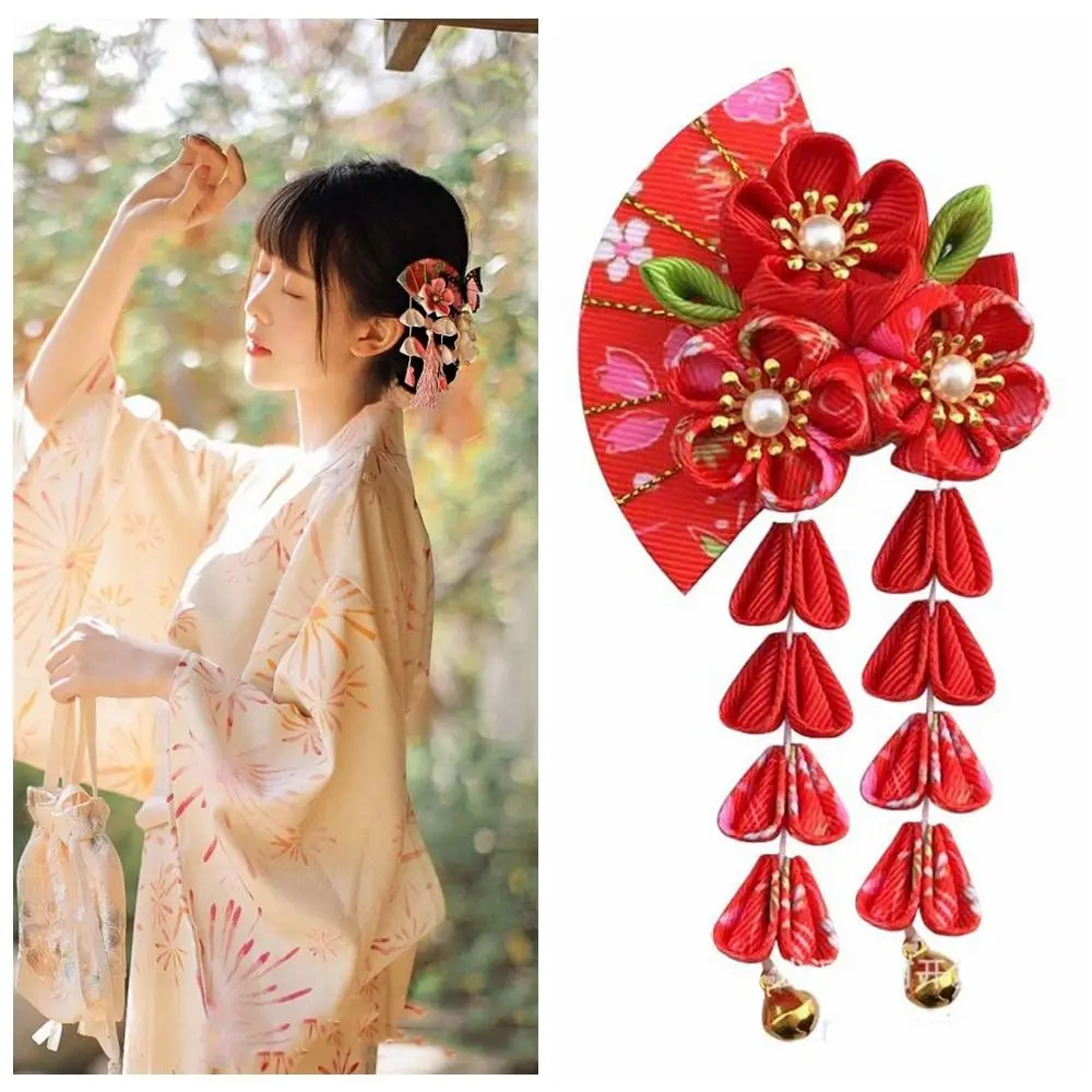 사랑스러운 Tassels 술 팬 머리핀 꽃 사쿠라 일본 기모노 모자를 쓰고 있죠 Hanfu 팬 헤어 클립 소녀 헤어 액세서리 소녀