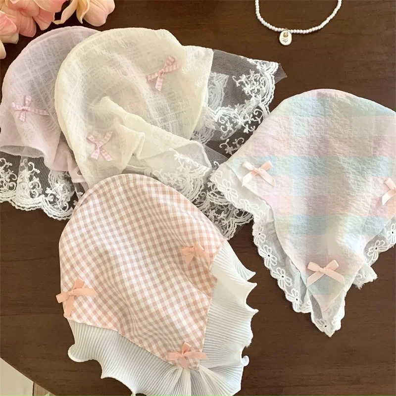 kf-S519cdd1c043e4cf380a630ec0c3810abV 빨간색 짠 격자 무늬 레이스 헤어 스카프 랩 여성 레트로 삼각형 Headscarf 모자 여행 사진 머리띠 소녀 헤어 액세서리 - 이미지 1