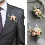 신랑 Boutonniere 남자 핀 수트, 신부 단추 구멍, 웨딩 손목 꽃, 파티 결혼 장식, 인공 실크 장미 꽃 - 이미지 6
