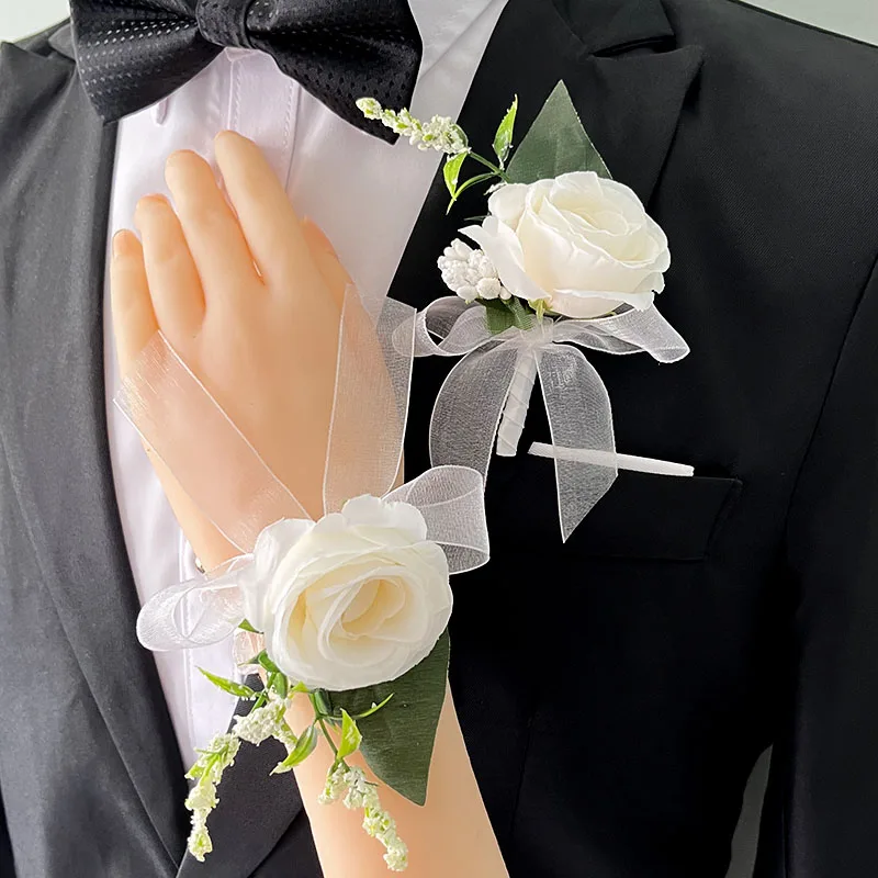 Boutonniere 웨딩 꽃 인공 실크 장미 손목 코사지 팔찌, 신부 들러리, 남자 단추 홀, 하객 결혼 액세서리