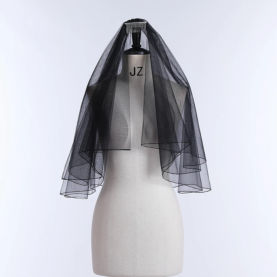블랙 신부 레이스 베일, 짧은 빗 포함, 우아한 여성 웨딩 베일, 헤어 액세서리, 2 겹, 도매