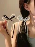 여성용 진주 활 리본 머리핀, 고급 감각, 한국 스타일 백 헤드 스푼, 덕빌 머리핀, 여름 - 이미지 4