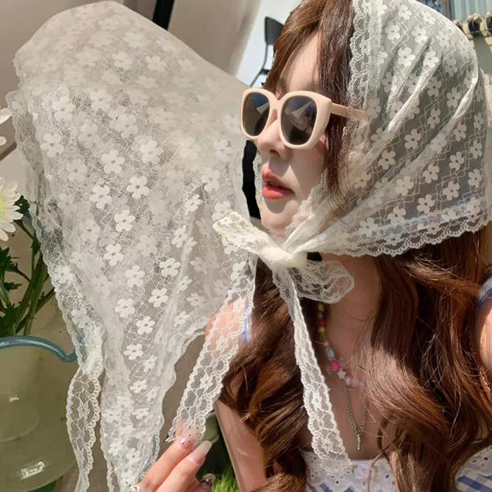 패션 레이스 삼각형 머리 스카프, 로맨틱 여름 화이트 우븐 꽃 레이스 헤어 스카프 랩, 여행 사진 머리띠, 헤어 액세서리