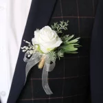 화이트 Boutonniere 웨딩 액세서리 신랑 코사지 브로치 꽃 인공 실크 장미