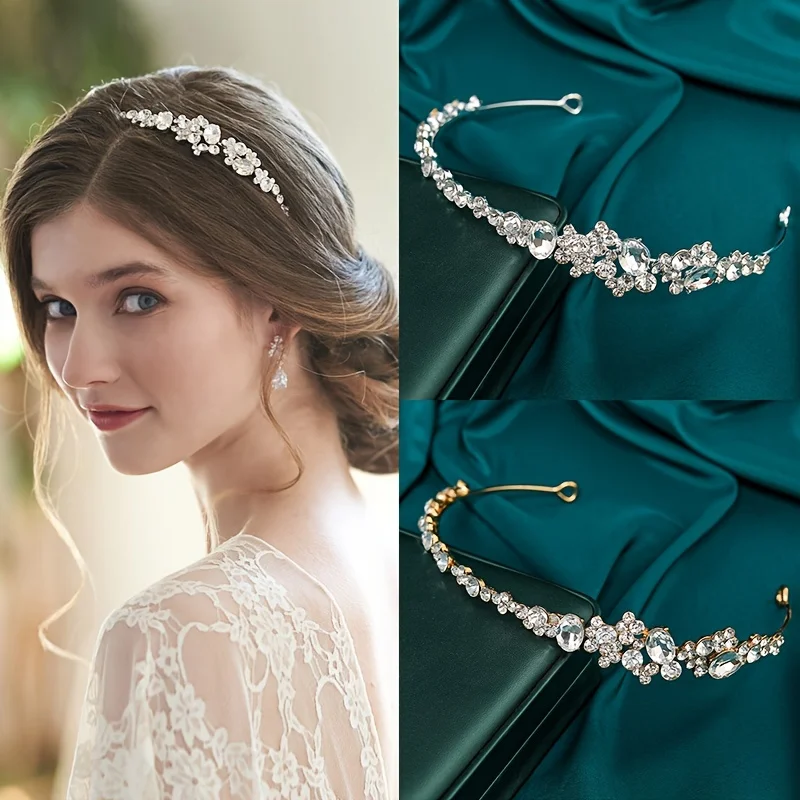 트렌디한 신부 머리띠, 실버 컬러 라인석 크리스탈 티아라 웨딩 왕관 공주 티아라 쥬얼리, 신부 웨딩 헤어 쥬얼리