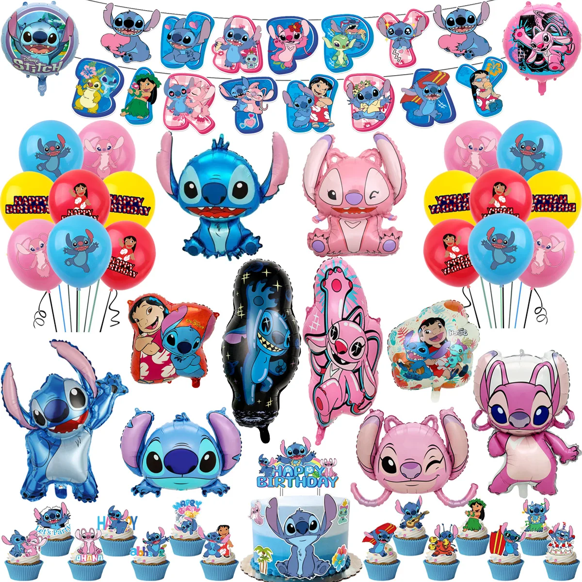 릴로 스티치 풍선 생일 축하 배너 파티 장식 베이비 샤워 소년 소녀 일회용 식기 케이크 토퍼 배경 나선형