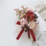 버건디 인공 장미 꽃, 신랑 웨딩 손목 코사지, 결혼 액세서리 - 이미지 4