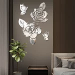 나비 3D 로즈 미러 벽 스티커 자체 접착 아크릴 거울 사랑스러운 꽃 데칼 DIY 장식 이동식 장식 벽화