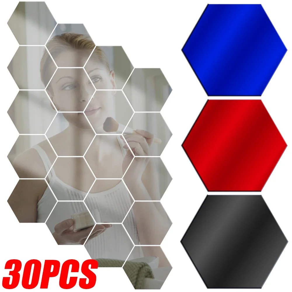 미니 셀프 접착 타일 육각형 모양 거울 벽 스티커, 아크릴 아트 스티커, 탈착식 DIY 가정용 거울 장식품, 1 개, 30 개