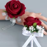 빨간 장미 손목 코사지와 Boutonniere, 신랑 신부 들러리 웨딩 파티 무도회 세트 손목 코사지 손목 밴드, 1 개 - 이미지 3