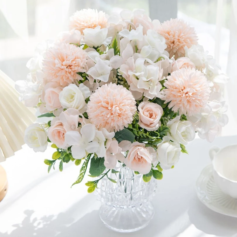 실크 로즈 국화 신부 꽃다발 인공 꽃 결혼식 야외 정원 홈 룸 테이블 장식 화환 DIY 선물 액세서리