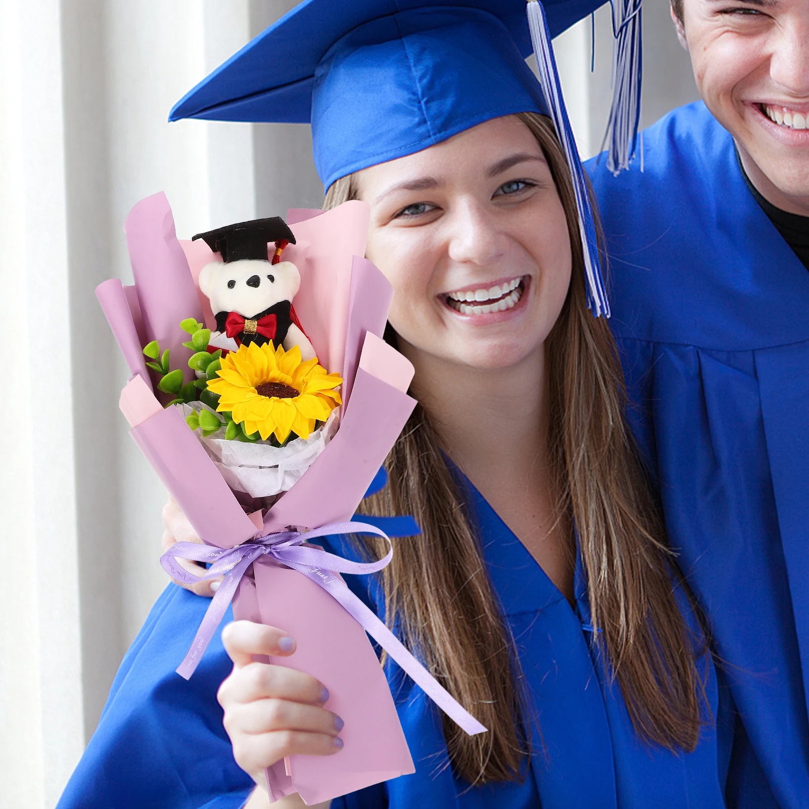 세련된 졸업 곰 꽃다발 입상 보라색 곰 연회 플라스틱 꽃 연회 소품 사진 촬영 액세서리