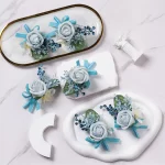 더스티 블루 로즈 Boutonniere 6 개 Groomsmen Groom Boutonnieres 웨딩 베스트 맨 코사지 가을 빈티지 소박한 결혼 꽃 - 이미지 3