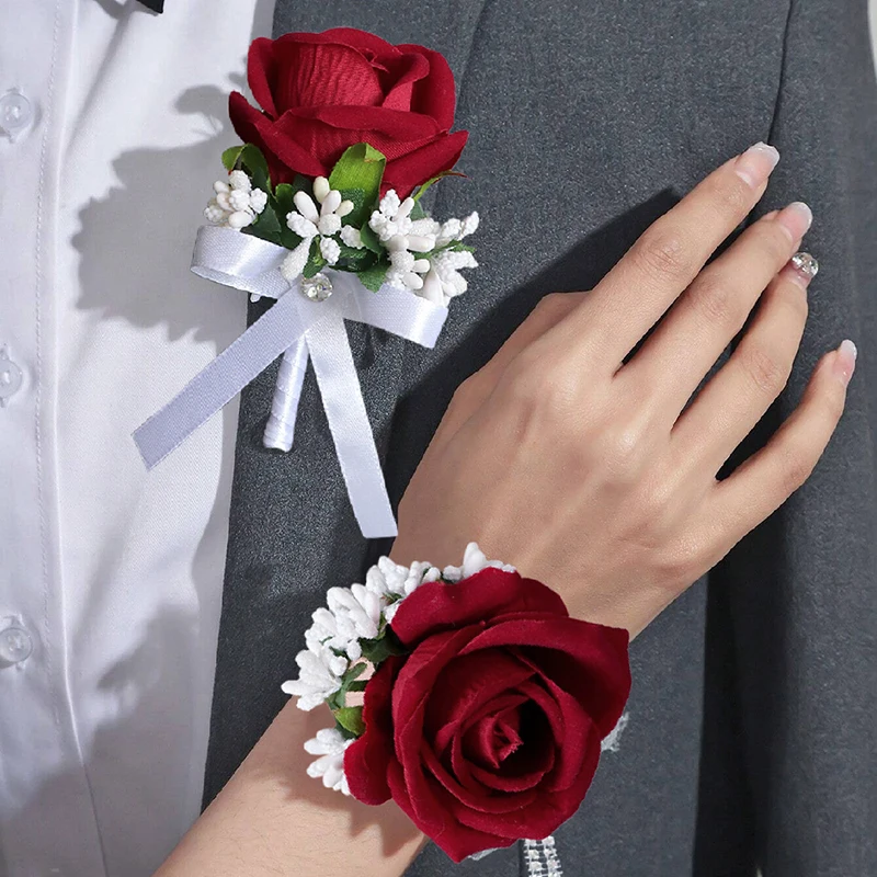 빨간 장미 손목 코사지와 Boutonniere, 신랑 신부 들러리 웨딩 파티 무도회 세트 손목 코사지 손목 밴드, 1 개
