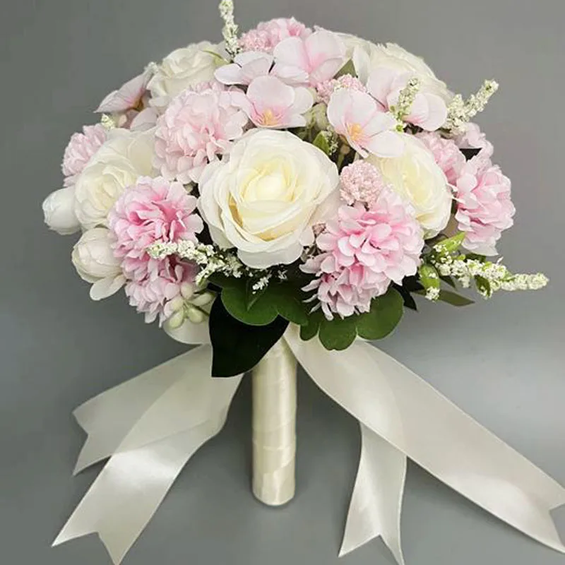 신부 들러리 웨딩 부케 흰색 실크 꽃 장미 웨딩 액세서리 결혼 꽃다발 인공 꽃